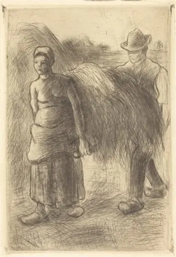 Peasants Carrying Hay (Paysans portant du foin), by Camille Pissarro, ink, 1900
