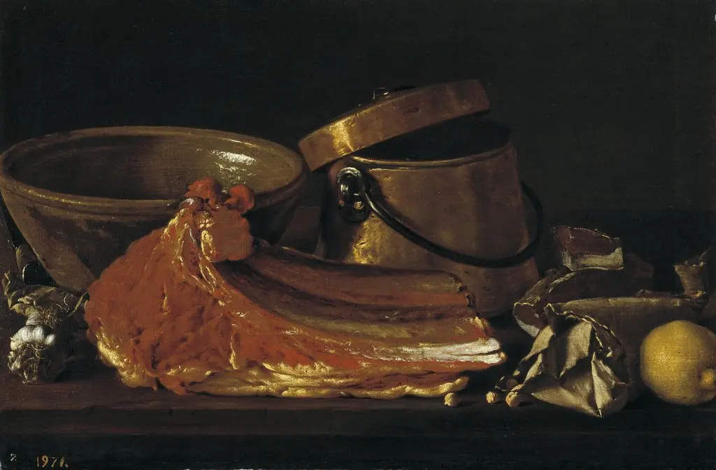 Bodegón con chuletón condimentos y recipientes, by Luis Egidio Meléndez, oil, 1751