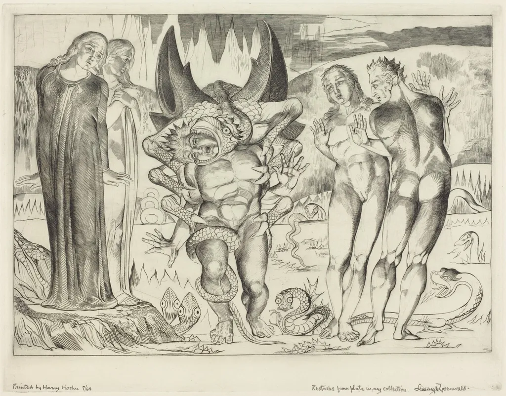 The Circle of the Thieves; Agnolo Brunelleschi Attacked by a Six-Footed Serpent, by William Blake, ink, 1827