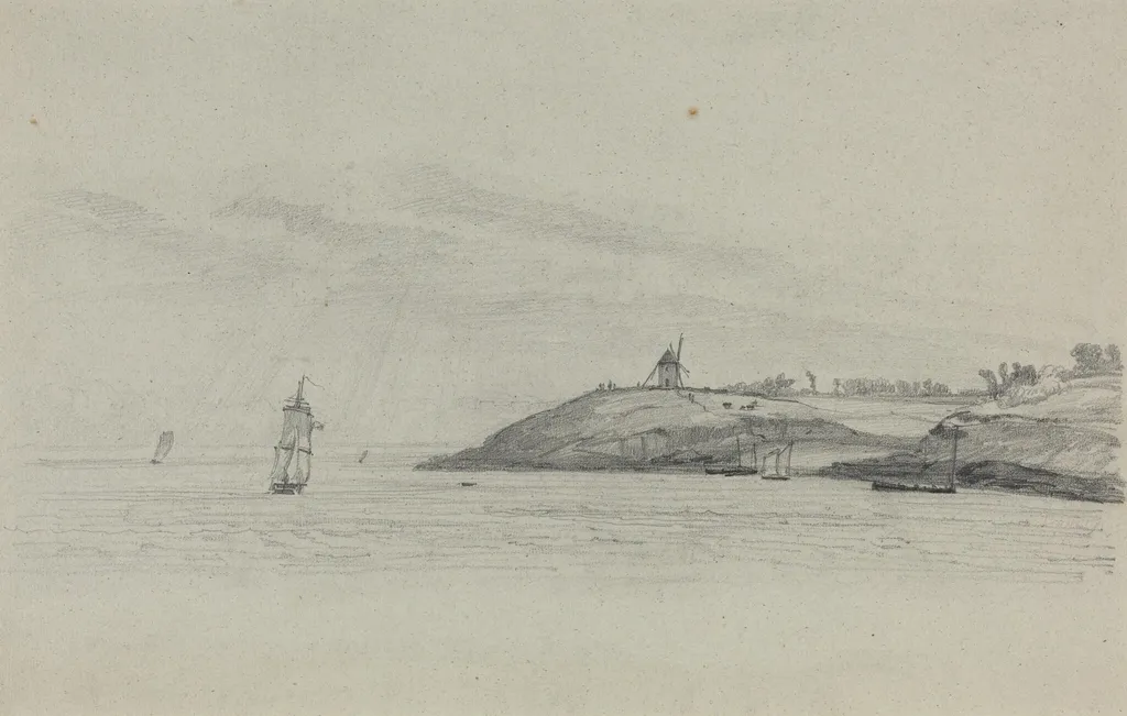 Coastal Landscape with Shipping; Windmill in Distance, by Eugène Boudin, graphite, 1858
