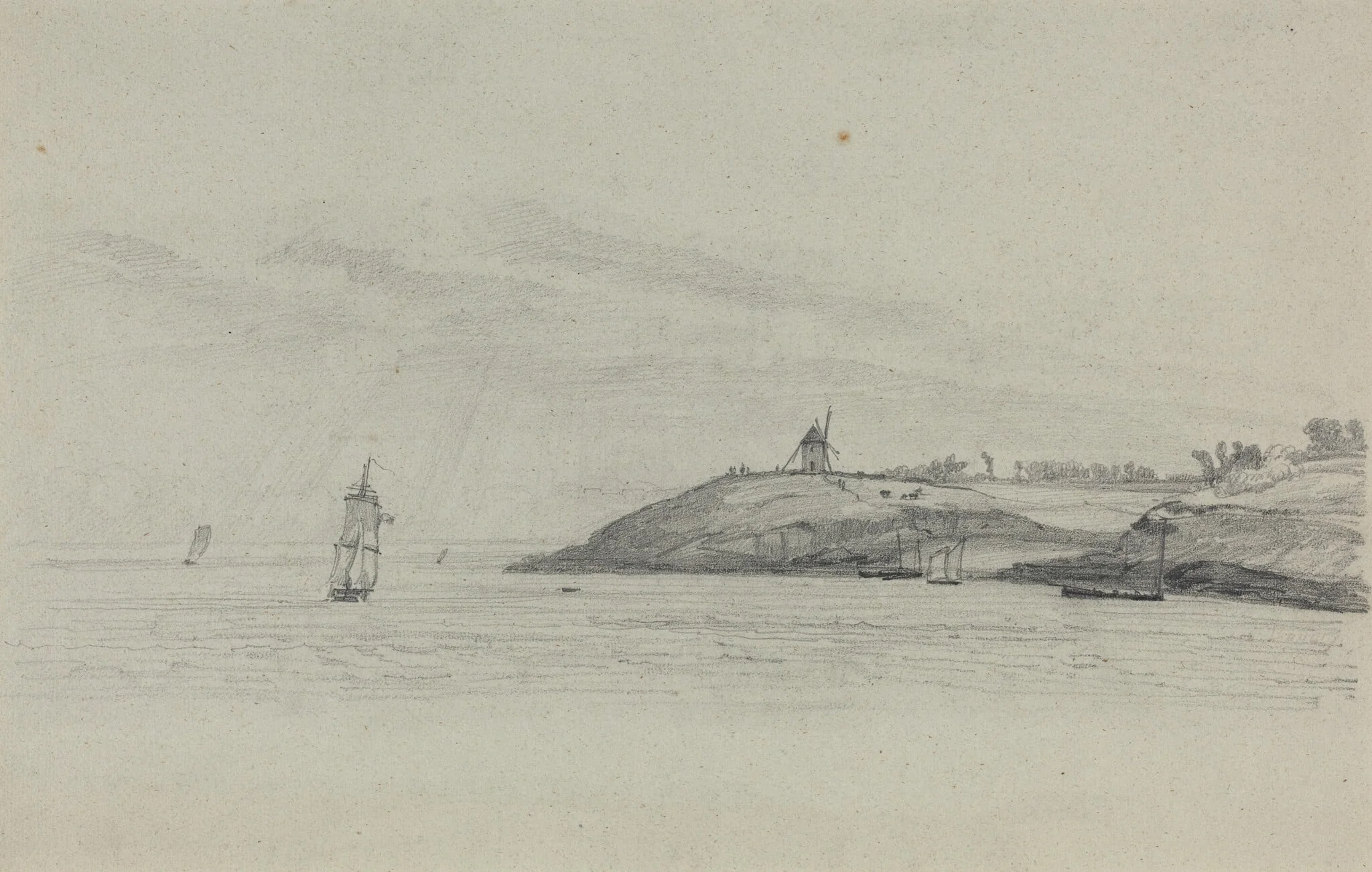 Coastal Landscape with Shipping; Windmill in Distance, detail