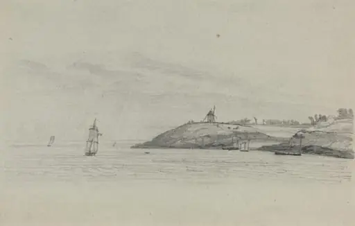 Coastal Landscape with Shipping; Windmill in Distance, by Eugène Boudin, graphite, 1858