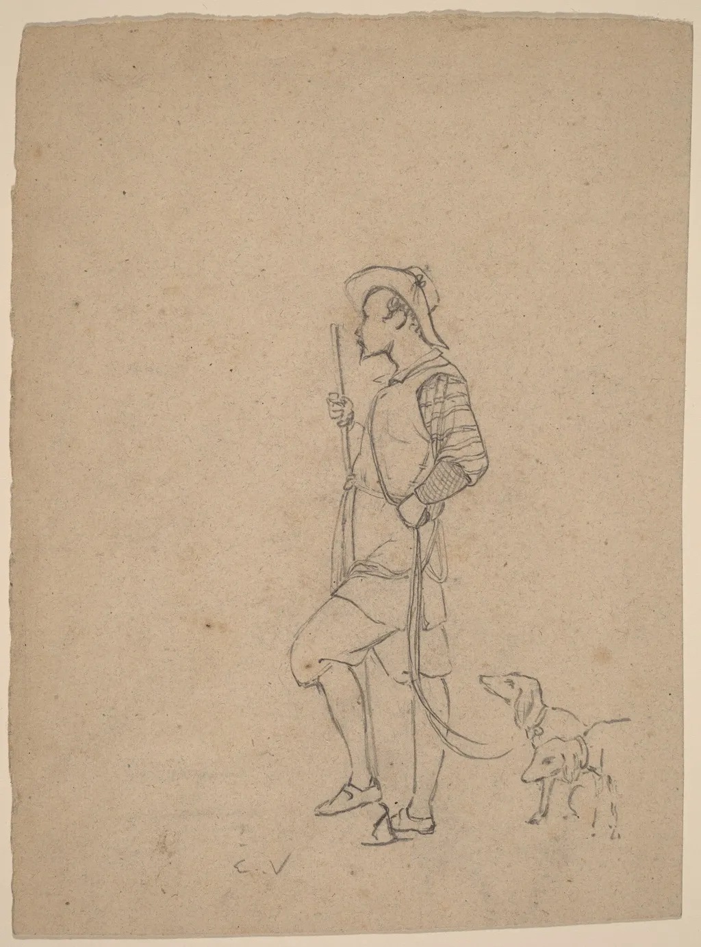 Study of Hunter with Dogs, by Elihu Vedder, graphite, 1858