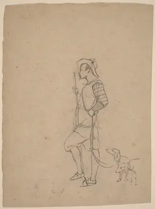 Study of Hunter with Dogs, by Elihu Vedder, graphite, 1858