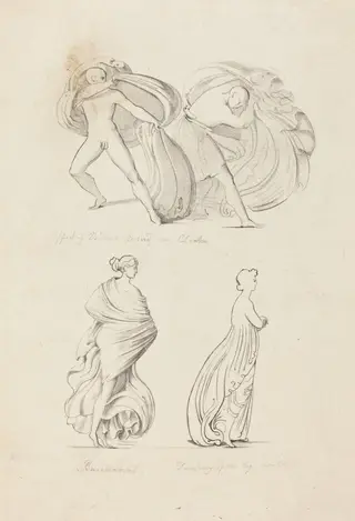 Drapery, Three Figures, a Bacchante and Two From Nature, by Henry Noel Humphreys, ink, 1829