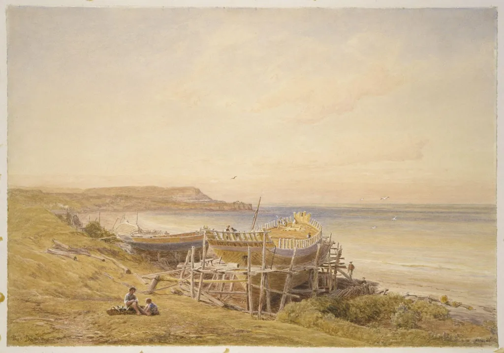Coast scene with a ship on the stocks, by Francis Danby, watercolor, 1840