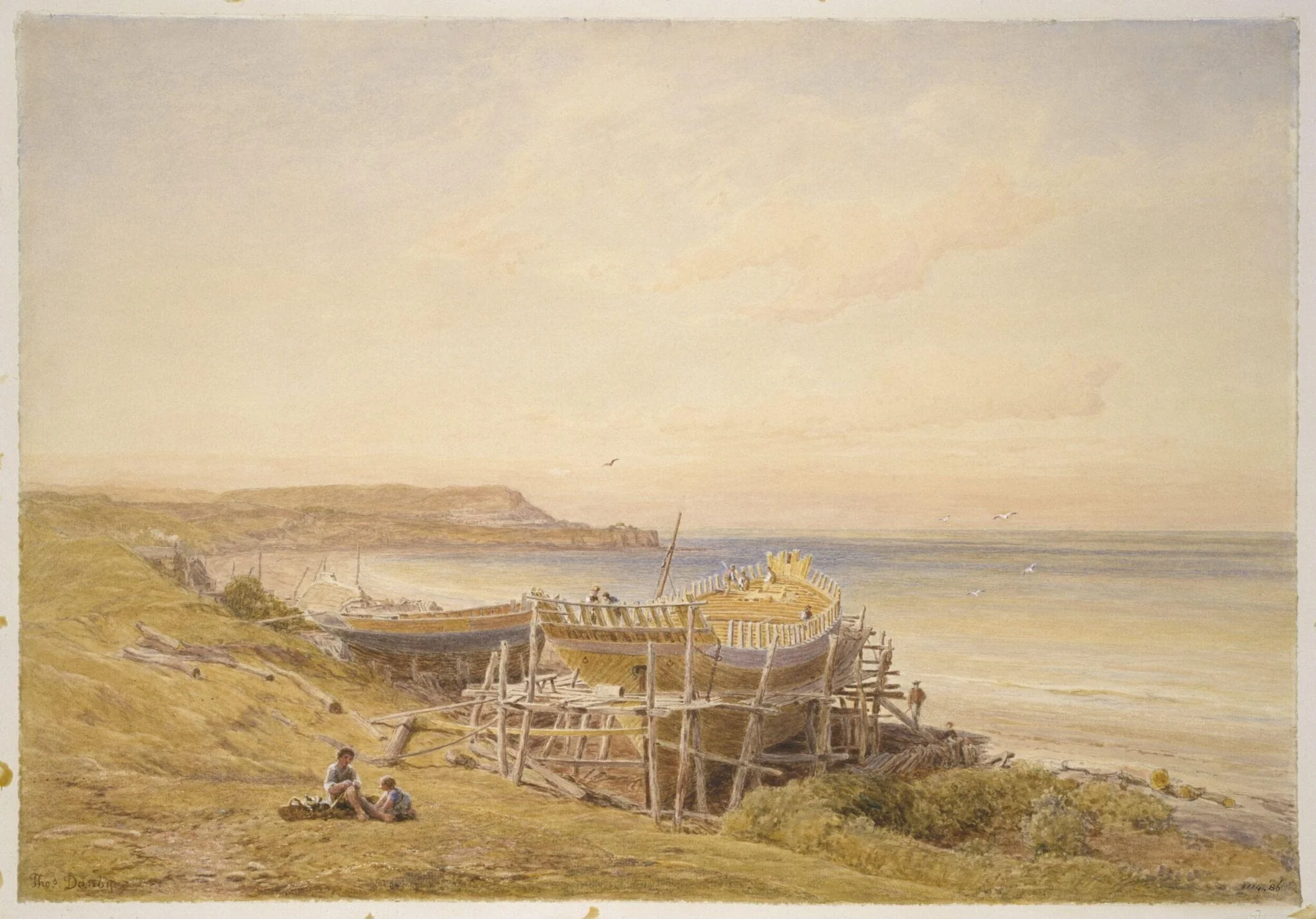 Coast scene with a ship on the stocks, detail