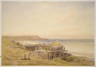 Coast scene with a ship on the stocks, by Francis Danby, watercolor, 1840