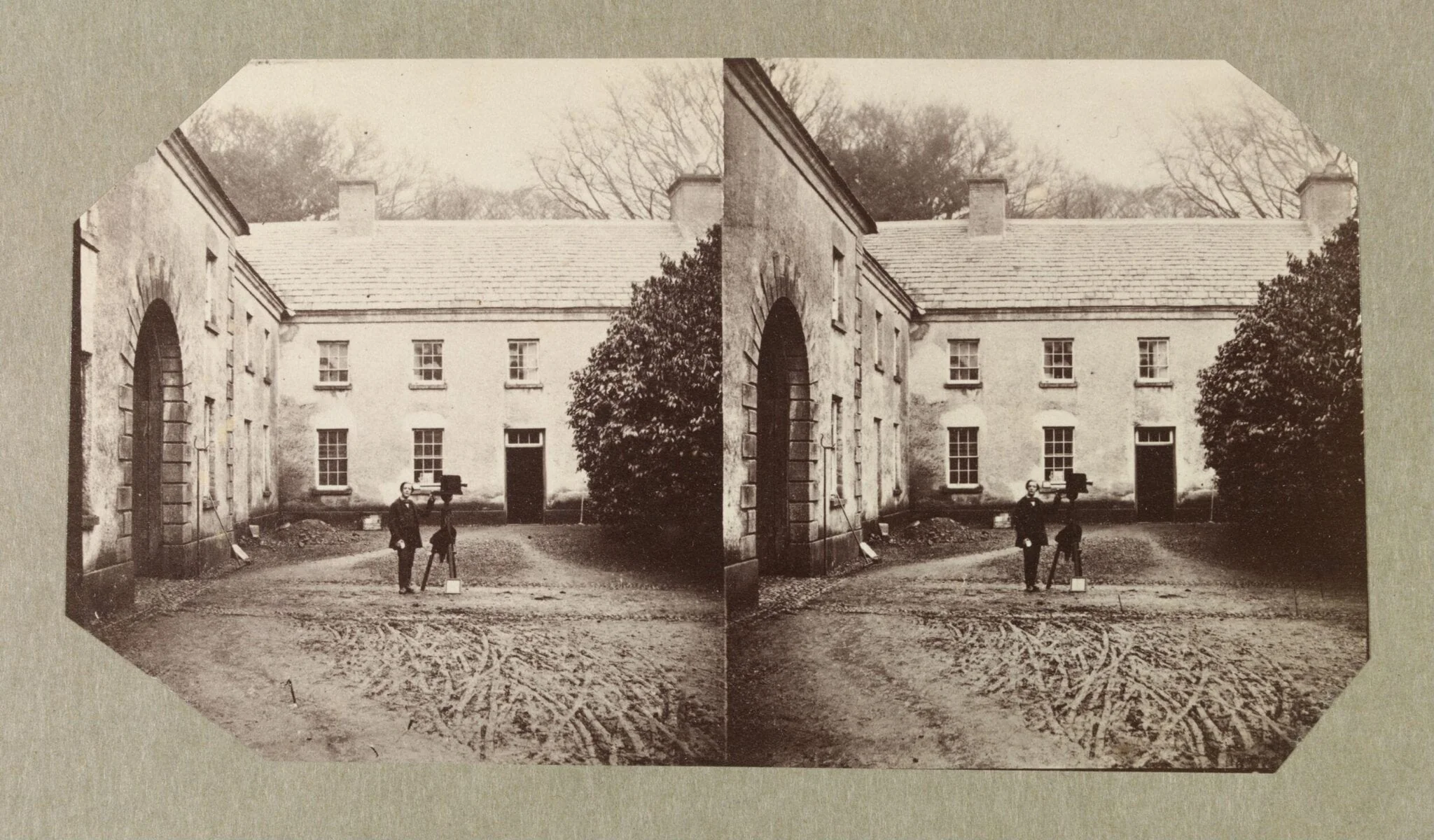 West Wing of Dundrum House with unidentified man with camera on tripod, detail