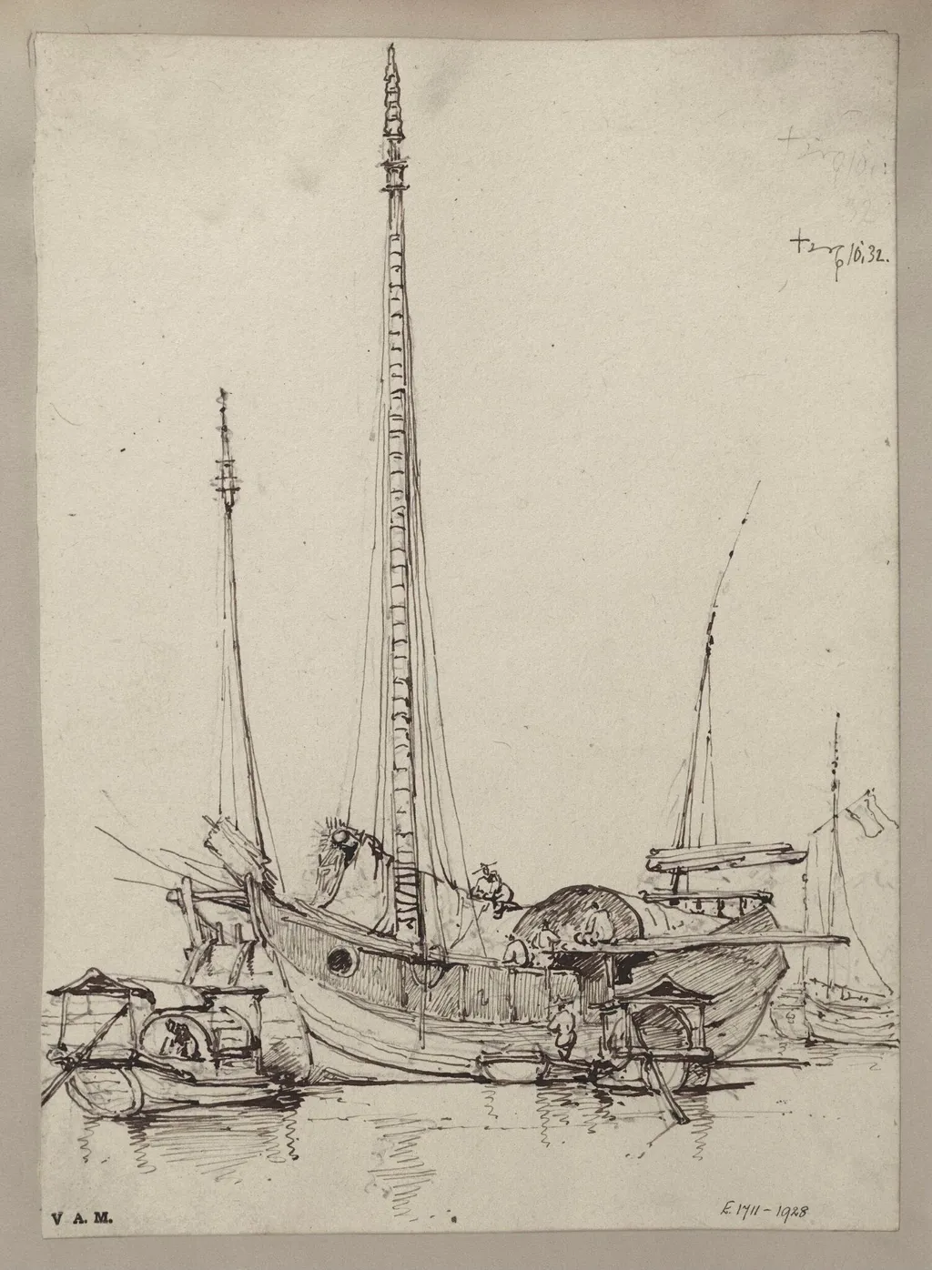 A junk with figures at work on board, by George Chinnery, 10