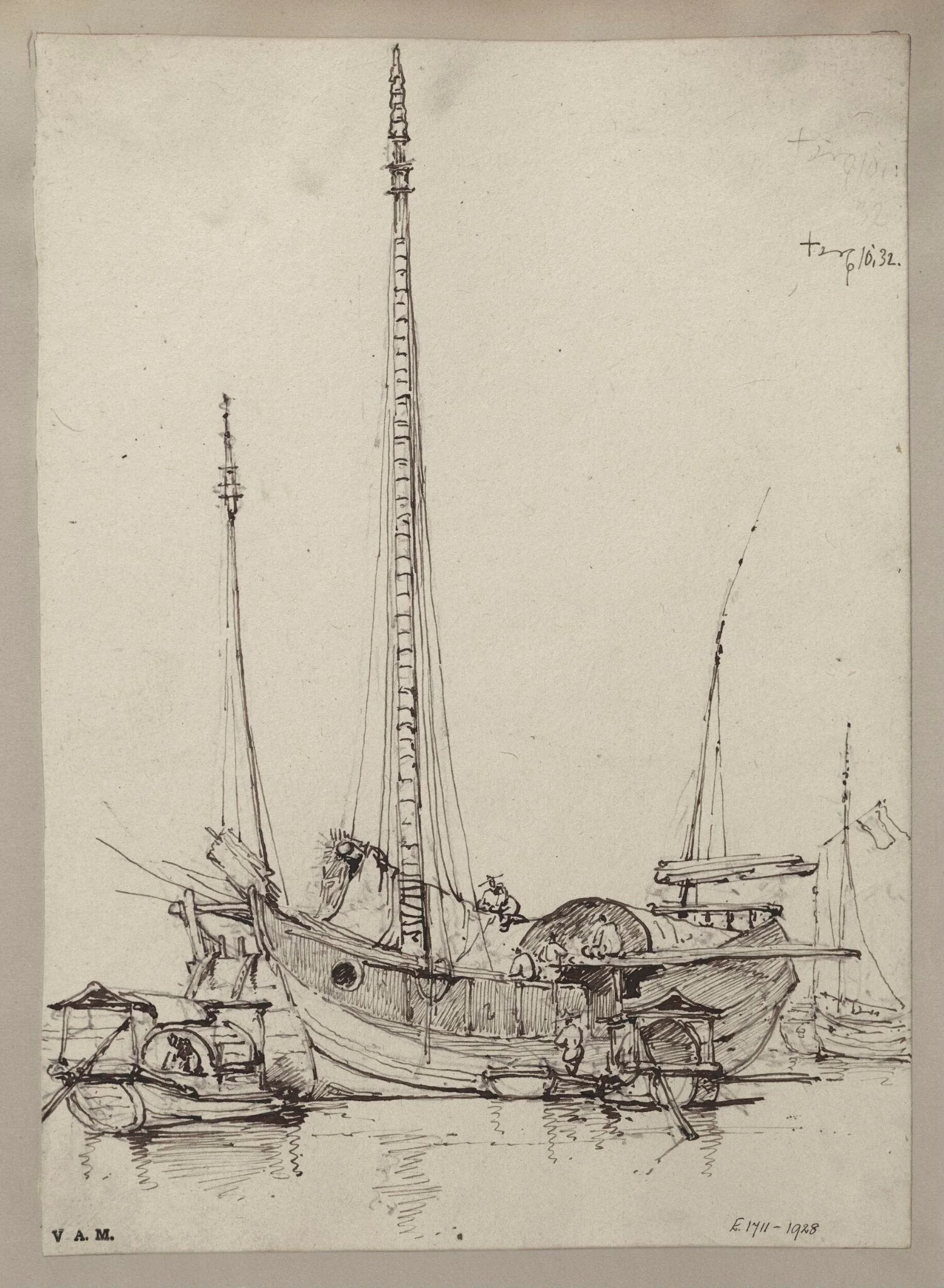 A junk with figures at work on board, detail