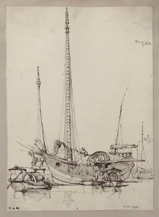 A junk with figures at work on board, by George Chinnery, 10