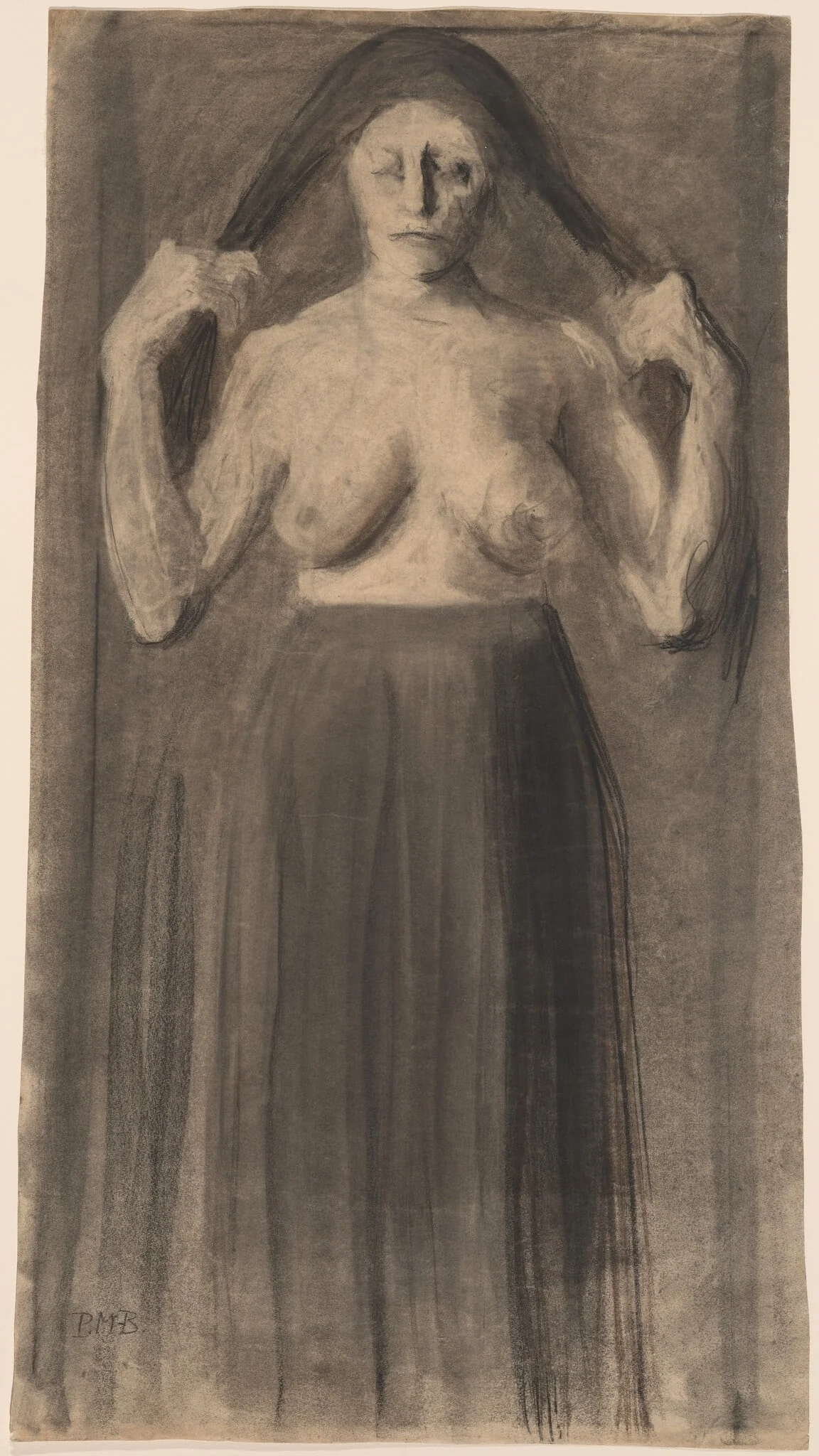Half-Nude Woman Holding Her Hair Apart, detail