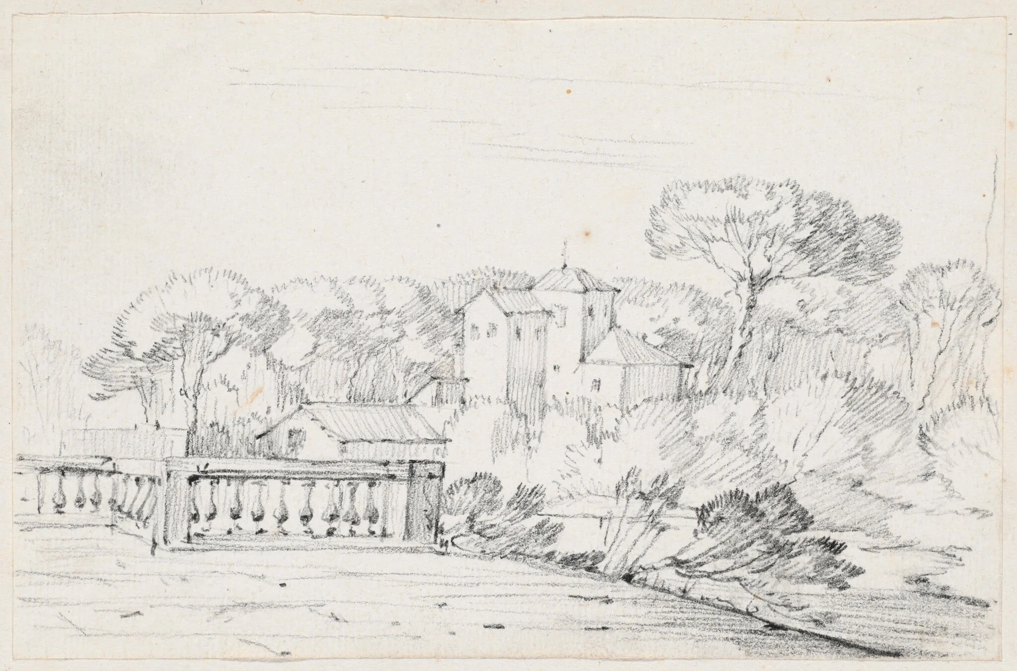 Terrace by a River with a Villa and Trees Beyond, detail