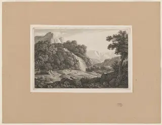 Classical Landscape with a Flutist, by Monogrammist D, ink, 1750