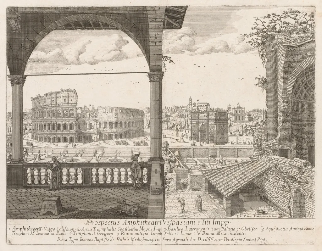 Il Colosseo e l'Arco di Costantino from "Prospectus Locurum Urbis Romae Insign[ium]", by Lievin Cruyl, 1666