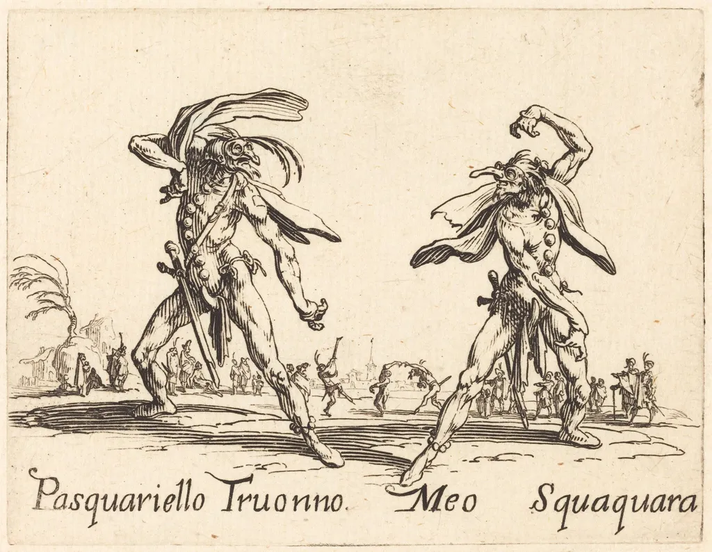 Pasquariello Truonno and Meo Squaquara, by Jacques Callot, ink, 1622