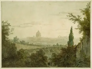 St. Peter's in Rome : View from above the Arco Scuro, near Pope Julius' Villa, by William Pars, watercolor, 1777