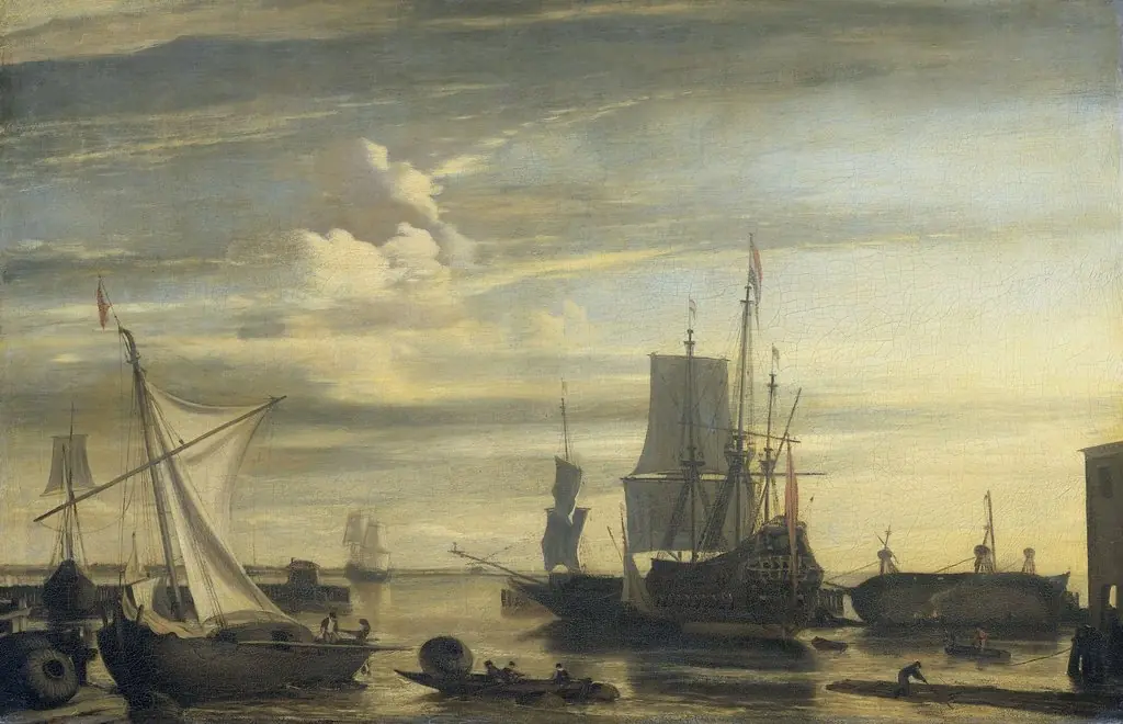 Harbor at Sunset, by Jan Claesz Rietschoof, oil, 1694