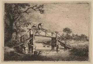 Landscape with a Bridge and Two Fishermen, by Adriaen van Ostade, ink, 1652