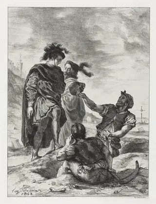 Hamlet:  Hamlet and Horatio with the Grave Diggers, by Eugène Delacroix, 1843