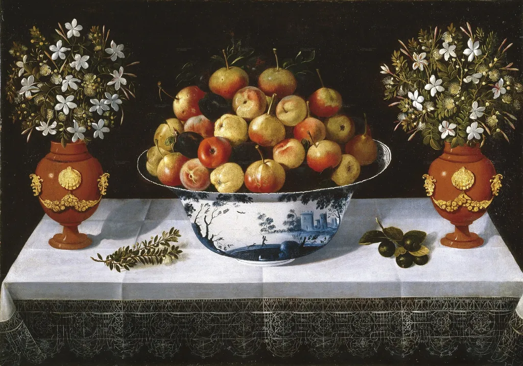 Delft Fruit Bowl and two Vases of Flowers, by Tomás Yepes, oil, 1642
