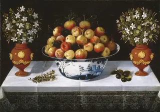 Delft Fruit Bowl and two Vases of Flowers, by Tomás Yepes, oil, 1642