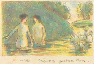 Baigneuses, gardeuses d'oies (Bathers Tending Geese), by Camille Pissarro, ink, 1895