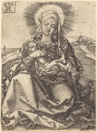 Madonna in a Landscape Sitting on a Cushion, by Heinrich Aldegrever, ink, 1527