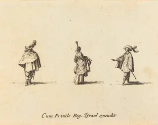 Lady with Dress Gathered Up, and Two Gentlemen, by Jacques Callot, ink, 1634