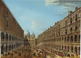 Procession in the Courtyard of the Ducal Palace, Venice, by Antonio Joli, oil, 1742