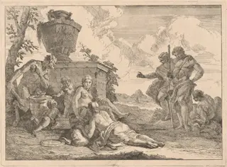 A Satyr with a Staff and Seven Other Figures, by Francesco Fontebasso, ink, 1744