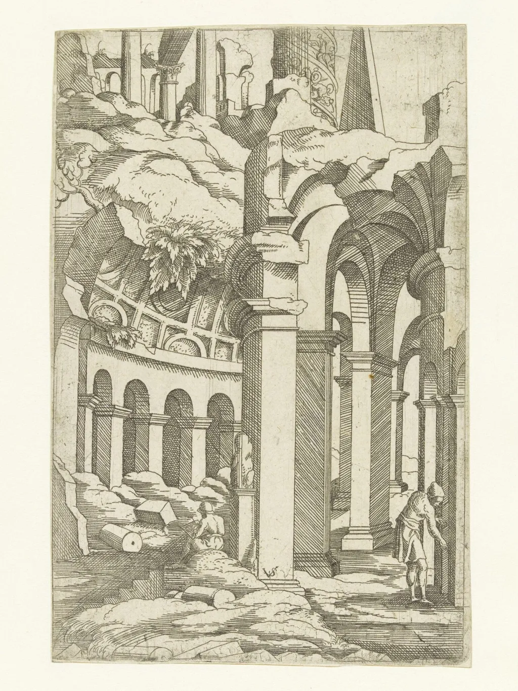Ruins with a seated draftsman, by Virgil Solis, 1560