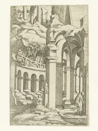Ruins with a seated draftsman, by Virgil Solis, 1560
