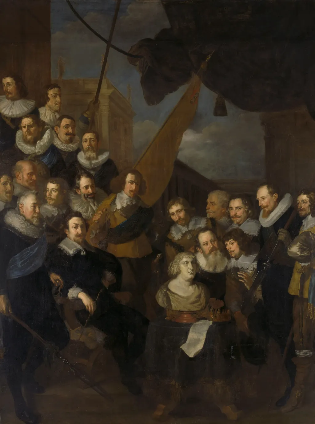 Officers of the militia of departmetn XIX in Amsterdam under the command of Cornelis Bicker and Frederick van Banchem, ready to receive Maria de' Medici in 1638, by Joachim von Sandrart the Elder, oil, 1640