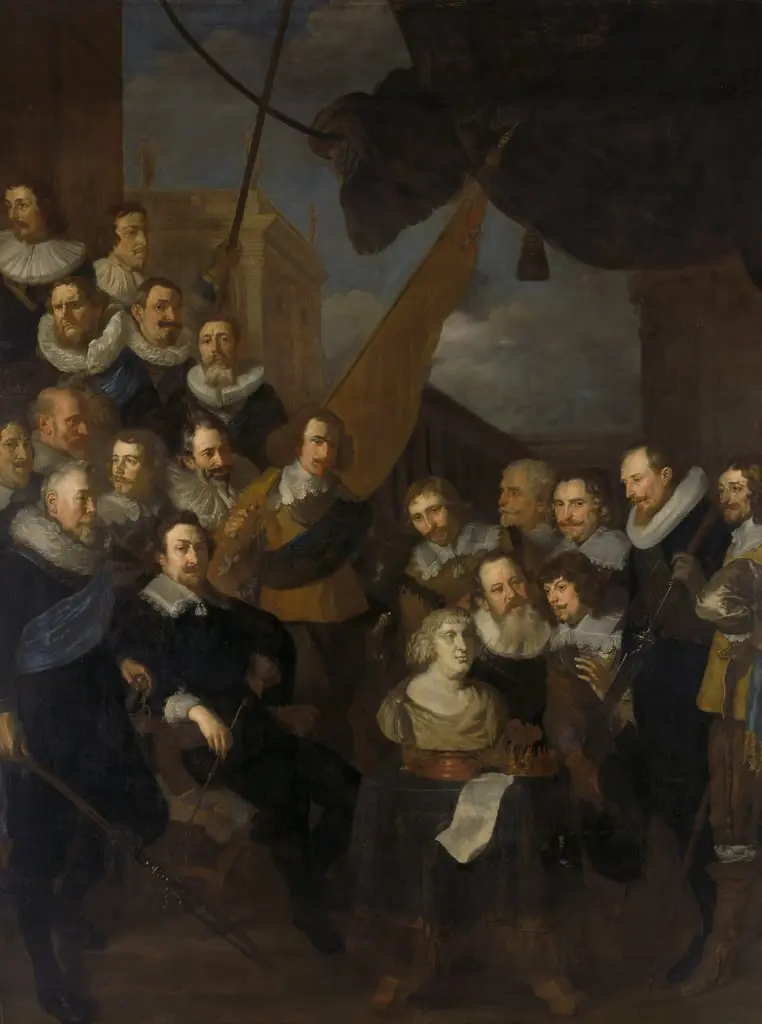 Officers of the militia of departmetn XIX in Amsterdam under the command of Cornelis Bicker and Frederick van Banchem, ready to receive Maria de' Medici in 1638, by Joachim von Sandrart the Elder, oil, 1640