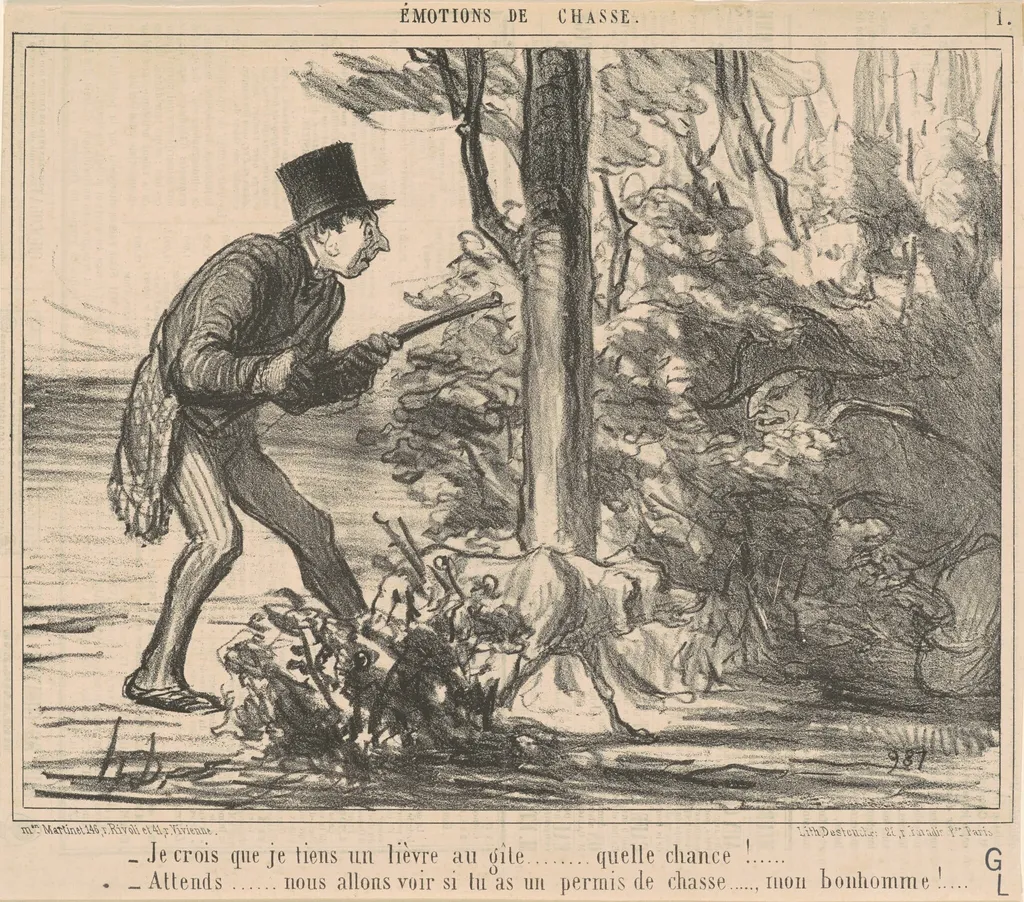 Je crois que je tiens un lièvre ..., by Honoré Daumier, ink, 1856