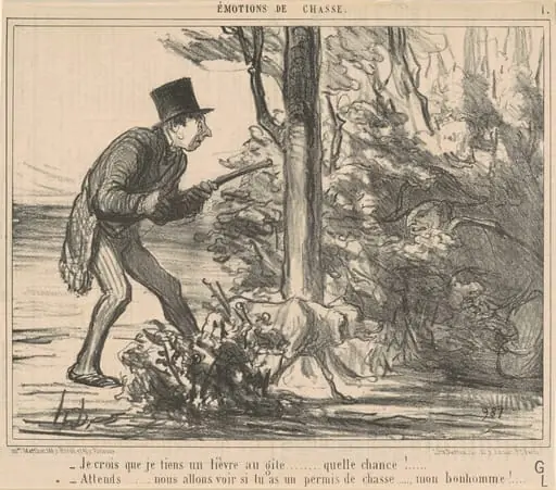 Je crois que je tiens un lièvre ..., by Honoré Daumier, ink, 1856