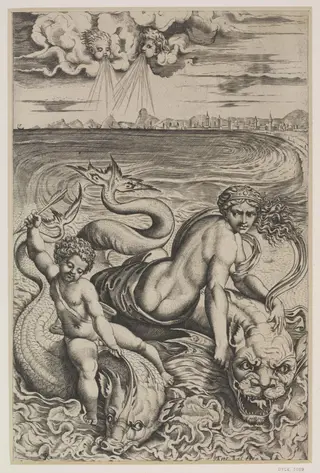Venus and Cupid on the Sea Riding on Dolphins, by Marco Dente