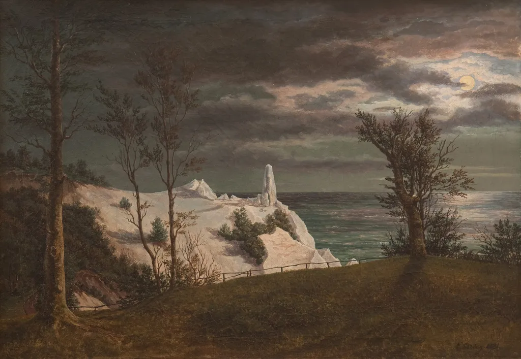 The "Summer Spire" on the Chalk Cliffs of the Island Møn. Moonlight, by Frederik Sødring, oil, 1831