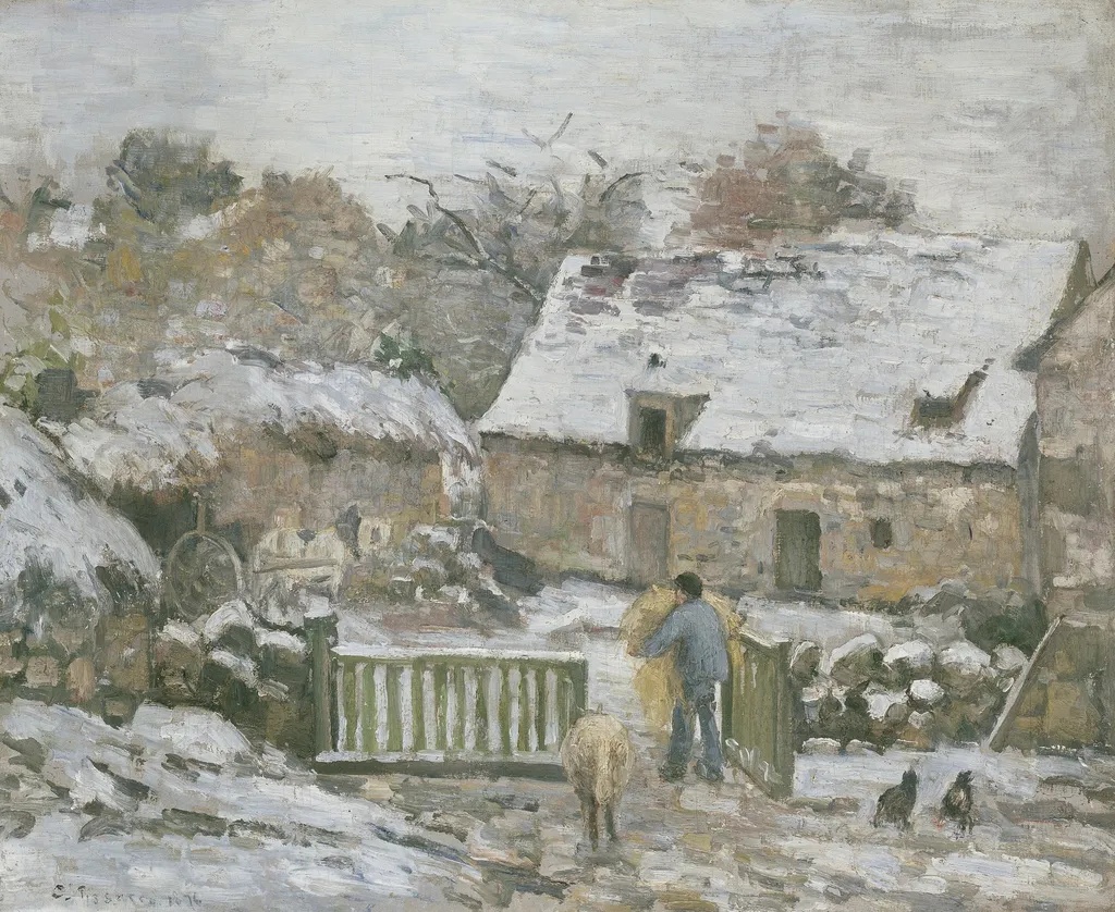 Farm at Montfoucault in Snow, by Camille Pissarro, oil, 1875