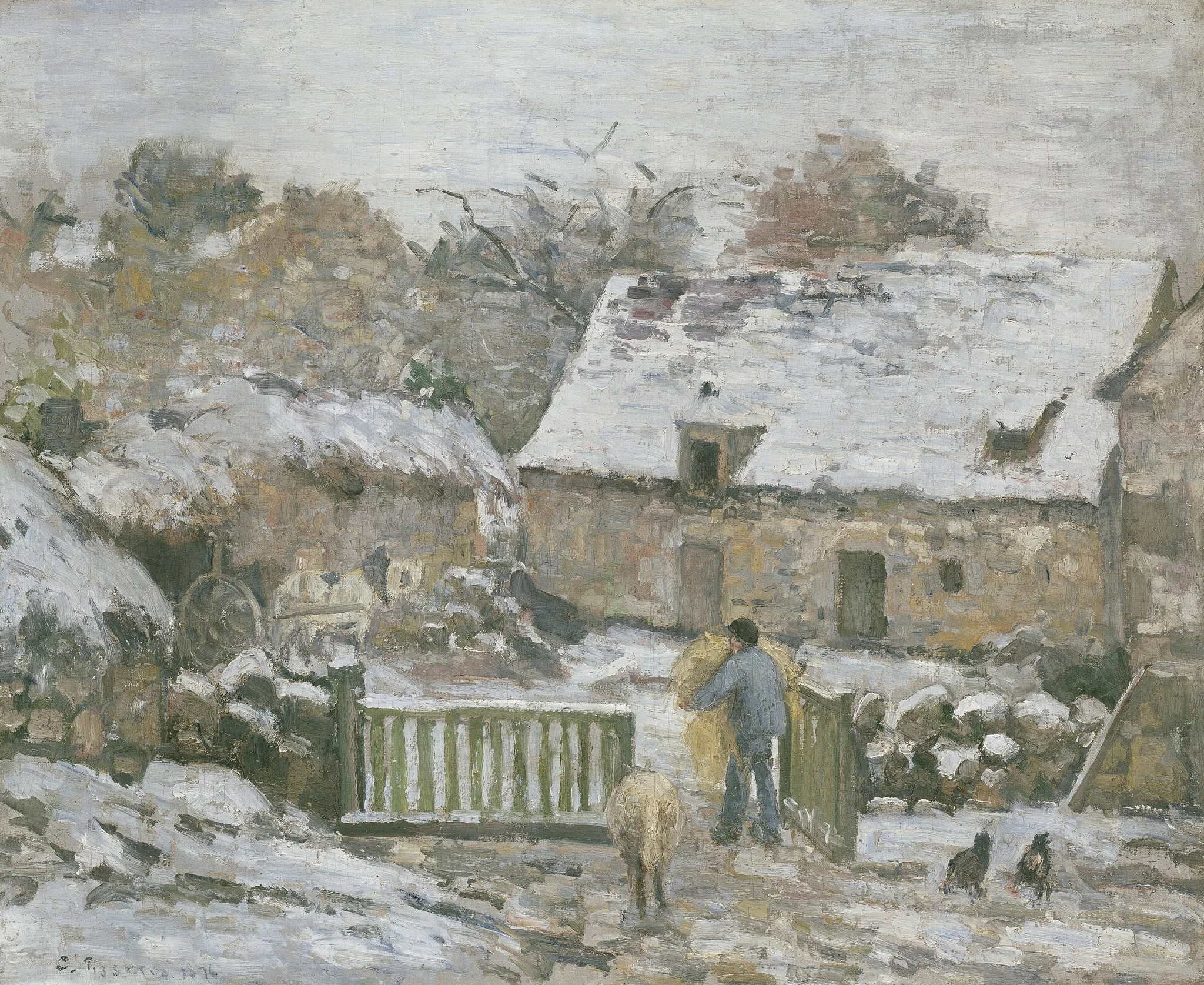 Farm at Montfoucault in Snow, detail
