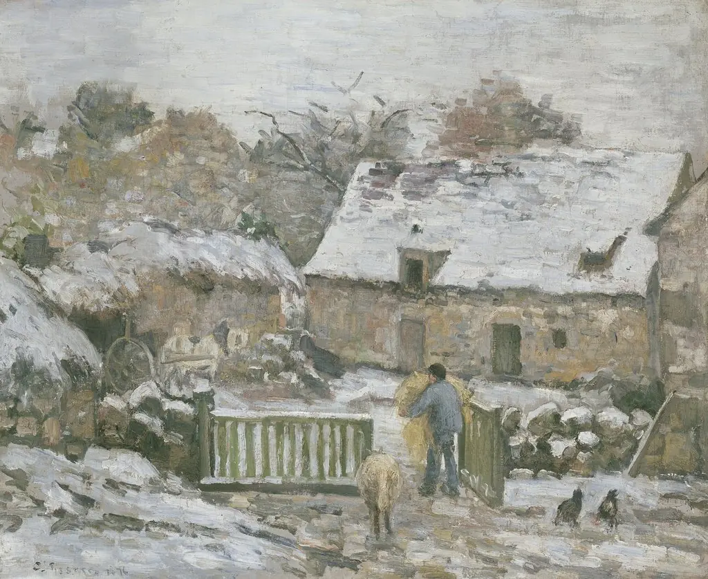 Farm at Montfoucault in Snow, by Camille Pissarro, oil, 1875