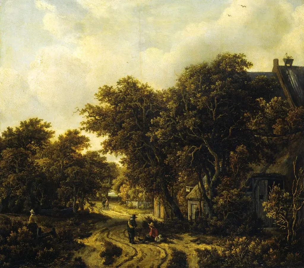 Landscape with an Inn, by Meindert Hobbema, oil, 1665