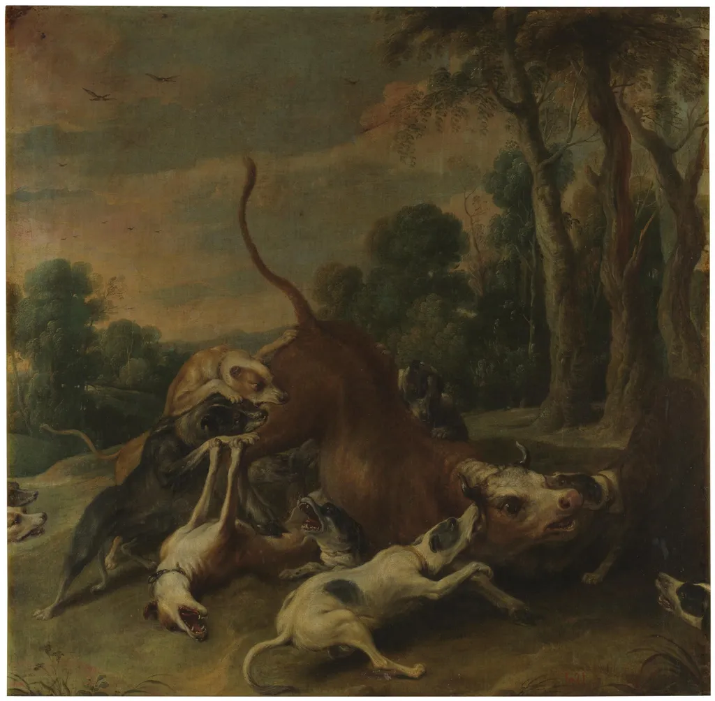 A bull overpowered by dogs, by Frans Snyders, oil, 1601
