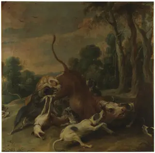 A bull overpowered by dogs, by Frans Snyders, oil, 1601