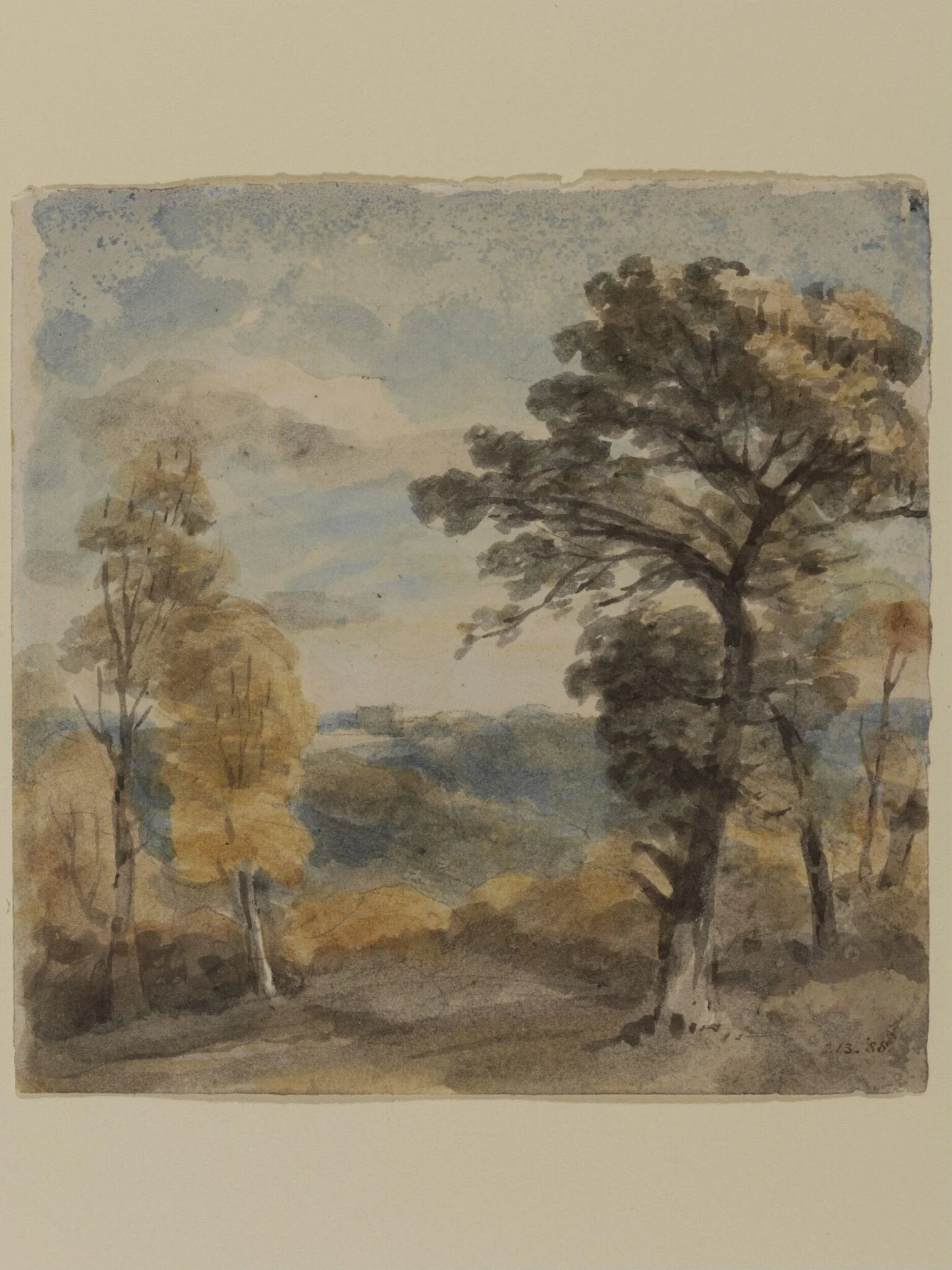 Landscape with trees and a distant mansion, detail