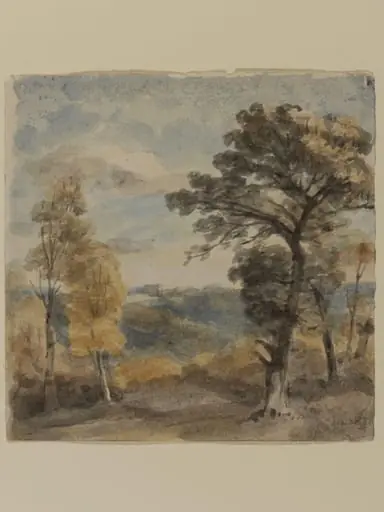 Landscape with trees and a distant mansion, by John Constable, watercolor, 1805