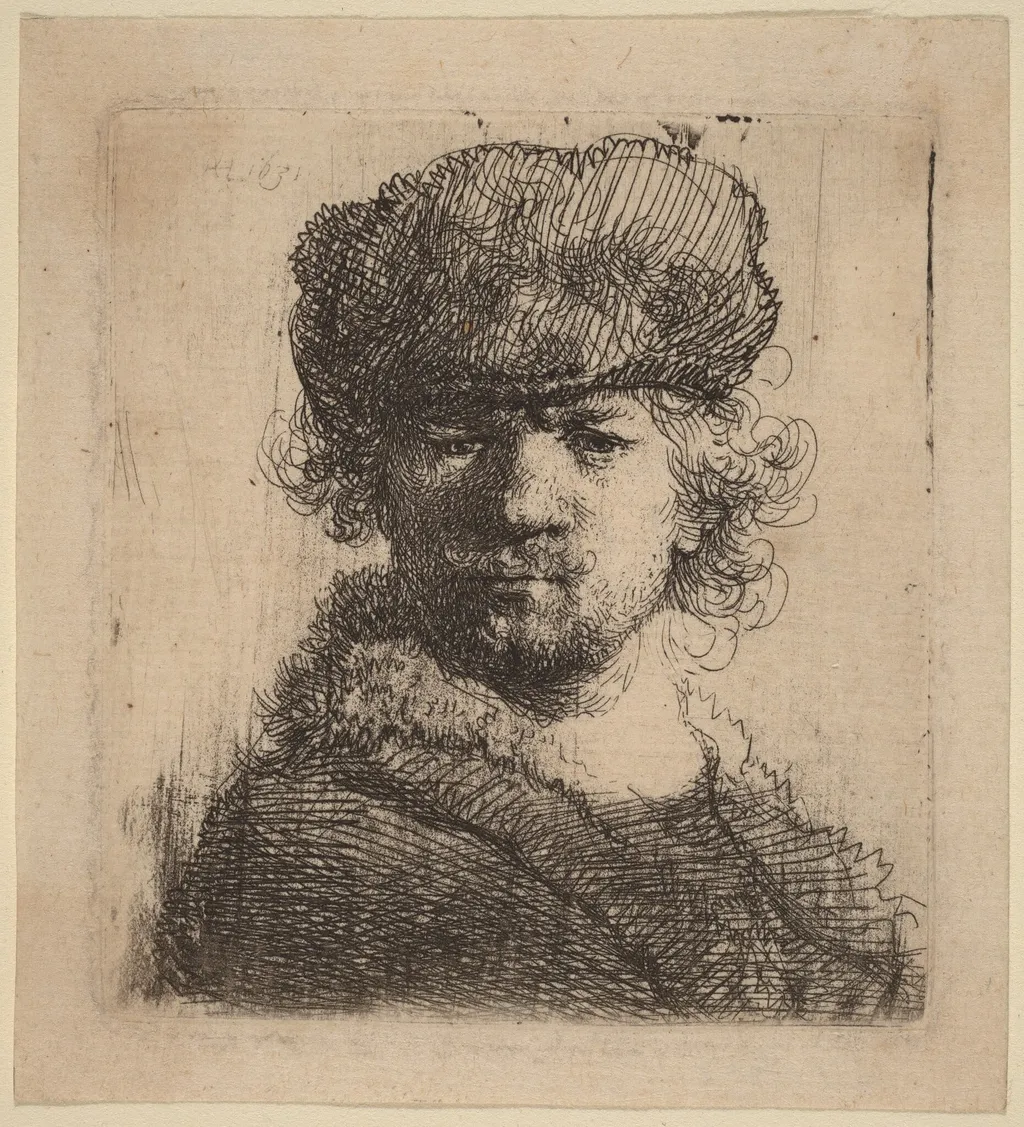 Self-Portrait in a Heavy Fur Cap, by Rembrandt van Rijn, ink, 1631