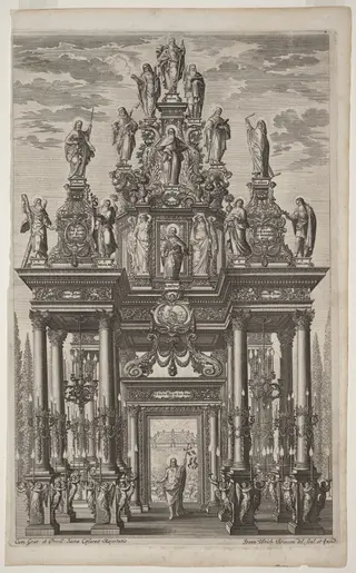 Frontispiece with Triumphal Arch with Christ and the Apostles, by Johann Ulrich Kraus, ink, 1705